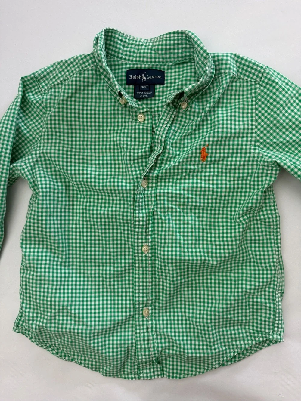 Ralph Lauren Green Gingham Button-Down Shirt with Orange Pony 3t
